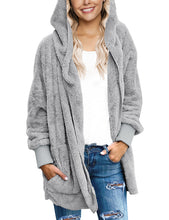 luvamia Women Fuzzy Fleece Open Front Pocket Hooded Cardigan Jacket Coat Outwear