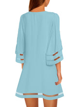 luvamia Women Dresses Casual Crewneck 3/4 Bell Sleeve Loose Mesh Panel Tunic Dress