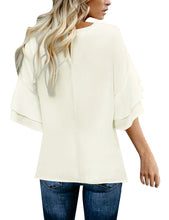 luvamia Women's Casual 3/4 Tiered Bell Sleeve Crewneck Loose Tops Blouses Shirt