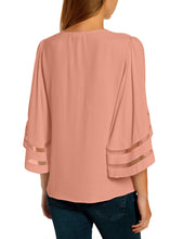 luvamia Women Casual Strappy V Neck Blouse 3/4 Bell Sleeve Mesh Panel Shirts Top