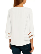 luvamia Women Casual Strappy V Neck Blouse 3/4 Bell Sleeve Mesh Panel Shirts Top