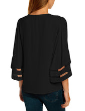 luvamia Women Casual Strappy V Neck Blouse 3/4 Bell Sleeve Mesh Panel Shirts Top