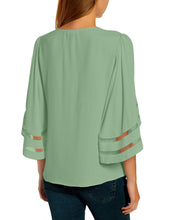 luvamia Women Casual Strappy V Neck Blouse 3/4 Bell Sleeve Mesh Panel Shirts Top