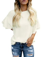 luvamia Women's Casual 3/4 Tiered Bell Sleeve Crewneck Loose Tops Blouses Shirt