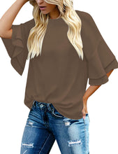 luvamia Women's Casual 3/4 Tiered Bell Sleeve Crewneck Loose Tops Blouses Shirt