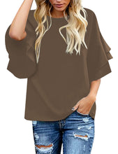 luvamia Women's Casual 3/4 Tiered Bell Sleeve Crewneck Loose Tops Blouses Shirt
